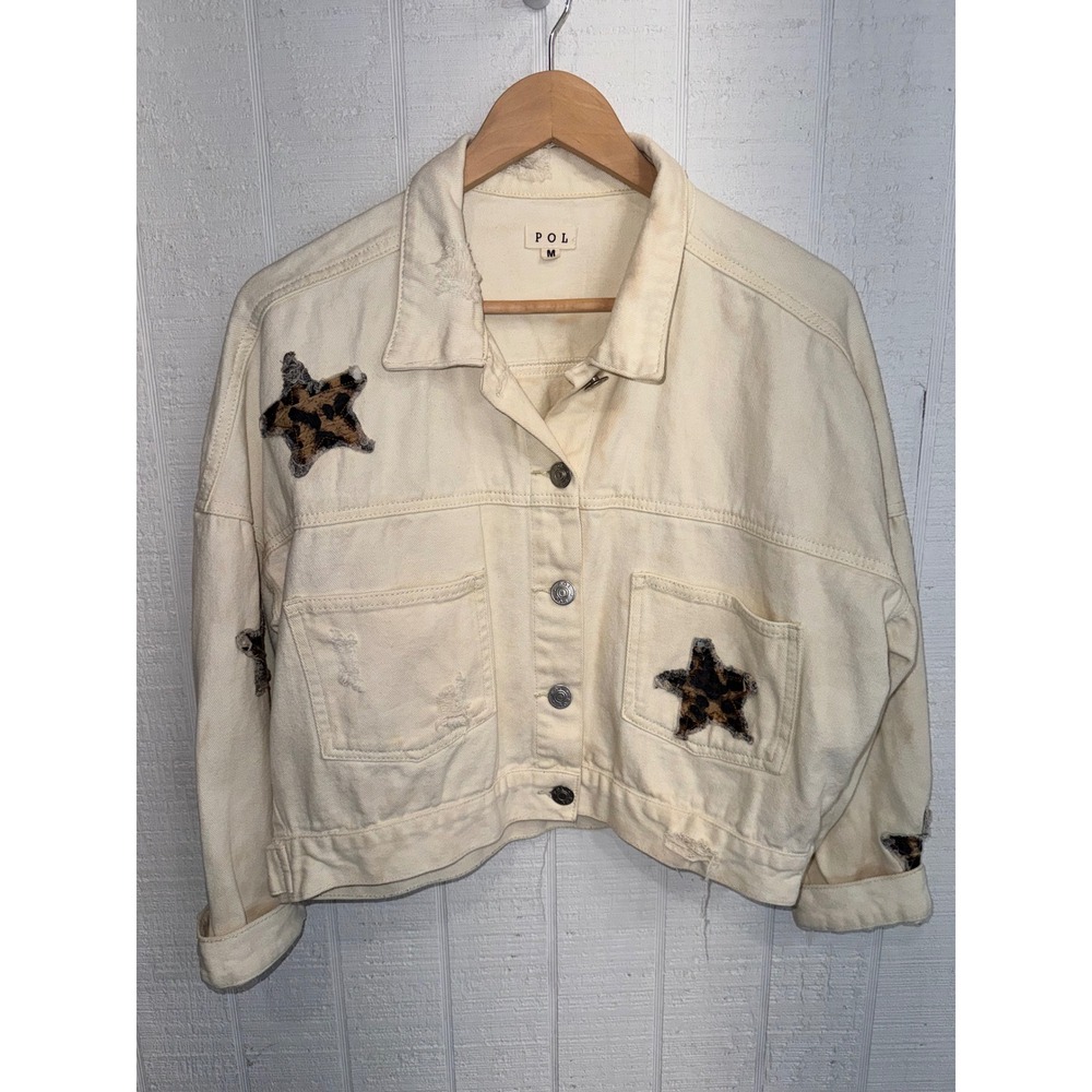 POL Denim Jacket Womens Cream Distressed Leopard Star Patch M